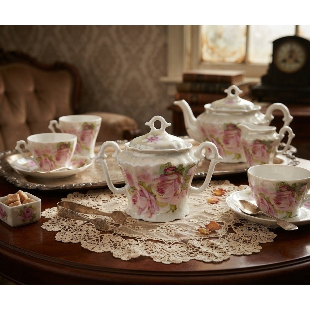 Antique Ilmenau Thuringia German Porcelain Covered Sugar Bowl Pink Roses 1900s